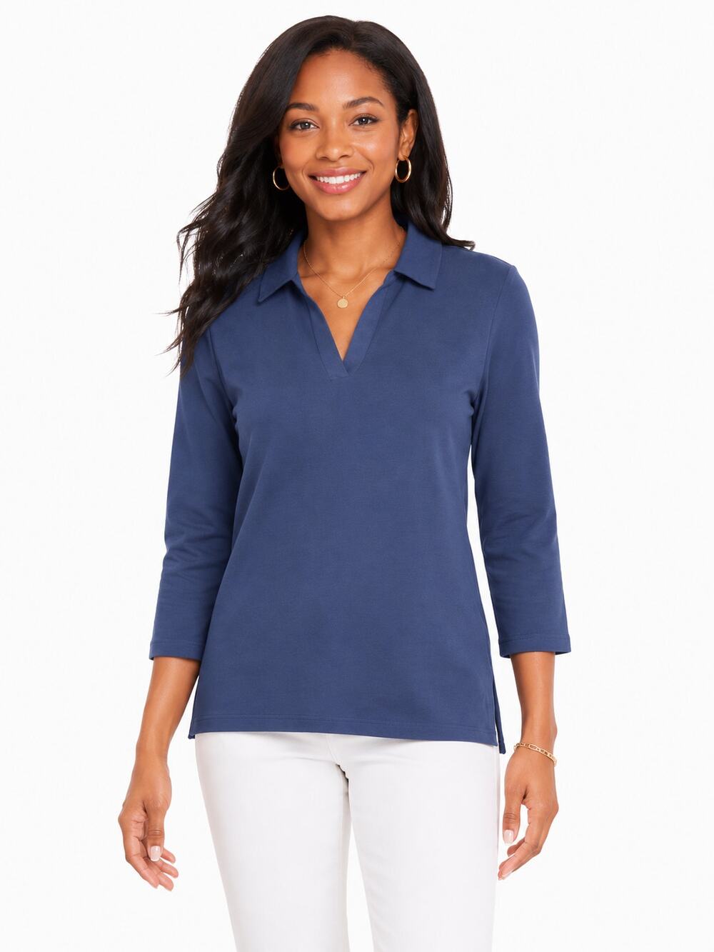 Isaac Mizrahi Live Essentials Women’s XS Blue Pima Cotton Polo Top 3/4 Sleeve